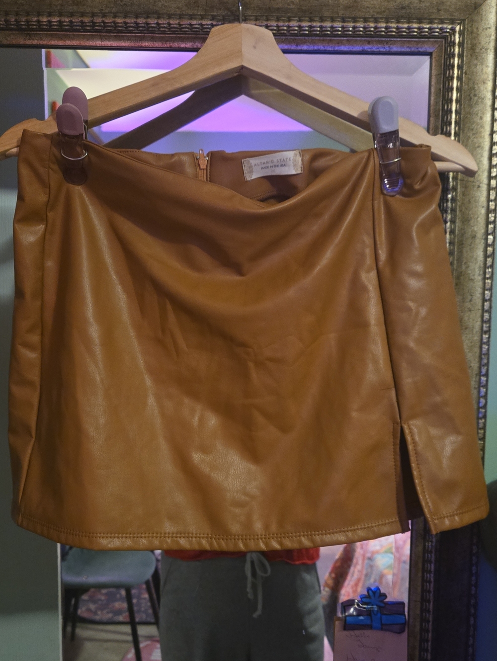 Altar'd State Cognac Faux Leather Mini Skirt with Side Slit - Size M